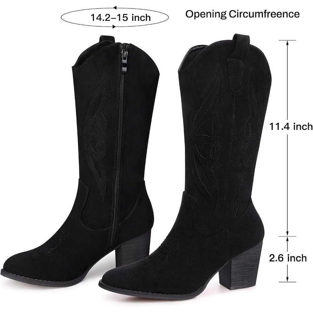 Women 1828-black Suede leather Embroidered Country Heel Pointed Toe Booties - Picture 4 of 6